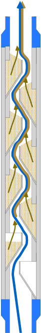 Cross-section of a geothermal well showing underground layers, aquifers, and the flow of geothermal fluids up through the well