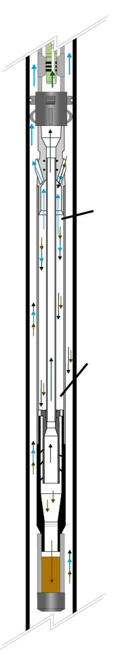 Diagram of a vertical industrial processing unit with labeled fluid flow paths, pumps, and equipment.
