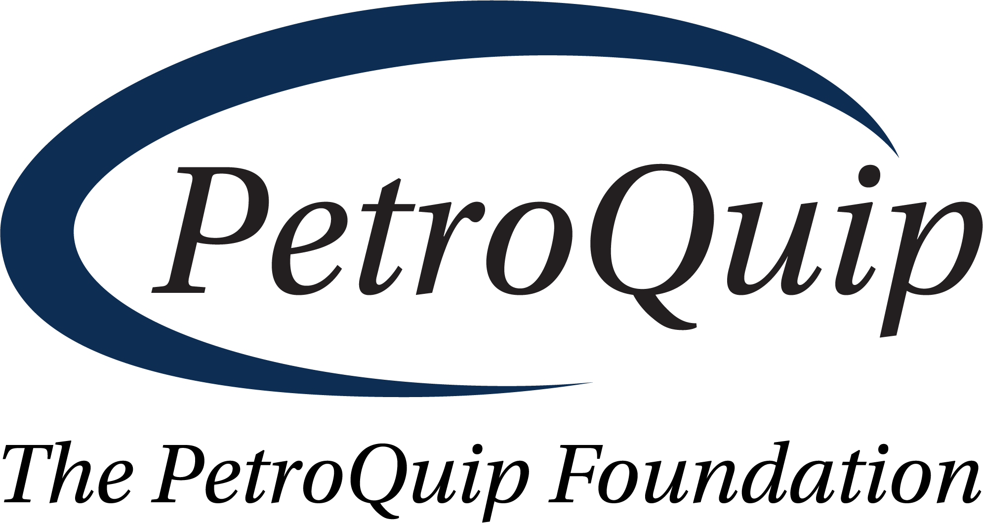 PetroQuip logo with a blue curved line above and the company name in black cursive font.