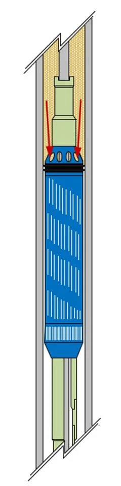 Illustration of a vertical well with a pump, water flowing upward, and red arrows indicating water movement.
