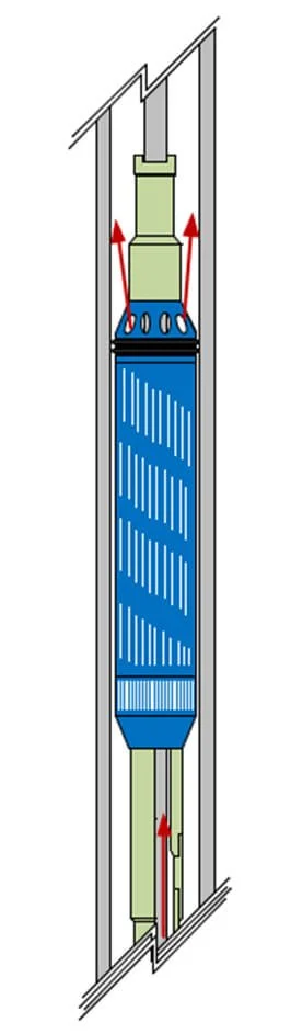 Diagram of a cooling tower with water flowing upward through a fill media, air entering at the bottom, and hot air exiting at the top.