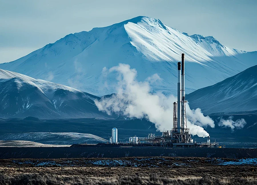 Oil refinery with chimneys emitting smoke in front of snow-covered mountains.