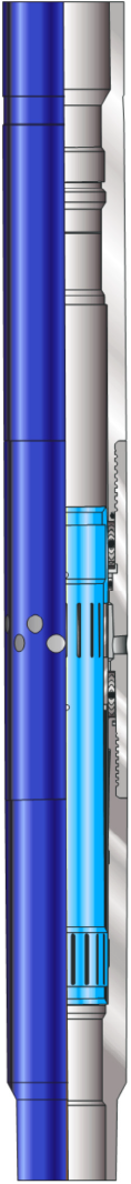 Close-up of a blue and silver hydraulic or pneumatic cylinder with detailed components.