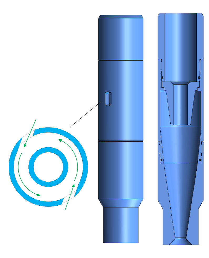 A detailed technical diagram of a rocket engine nozzle with cross-sectional views and internal components, including a circular diagram showing flow paths with red, green, and blue lines.