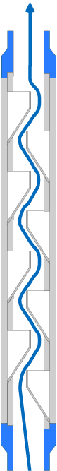 A vertical schematic diagram of a piping system with multiple bends and valves, featuring blue and gray components.
