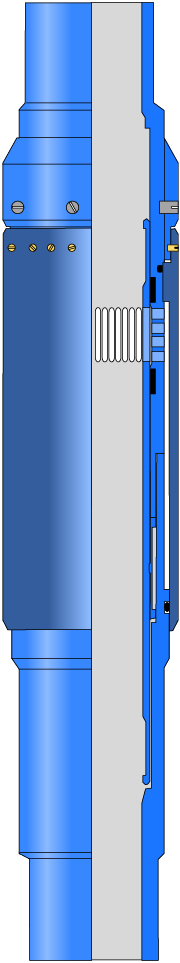 A vertical blue and gray industrial machine or equipment with various screws and vent-like features.