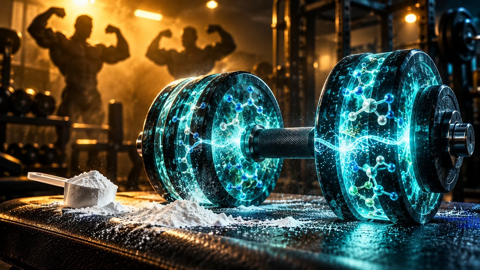 Creatine - Neon Biochemistry Dumbbell in a Cinematic Gym