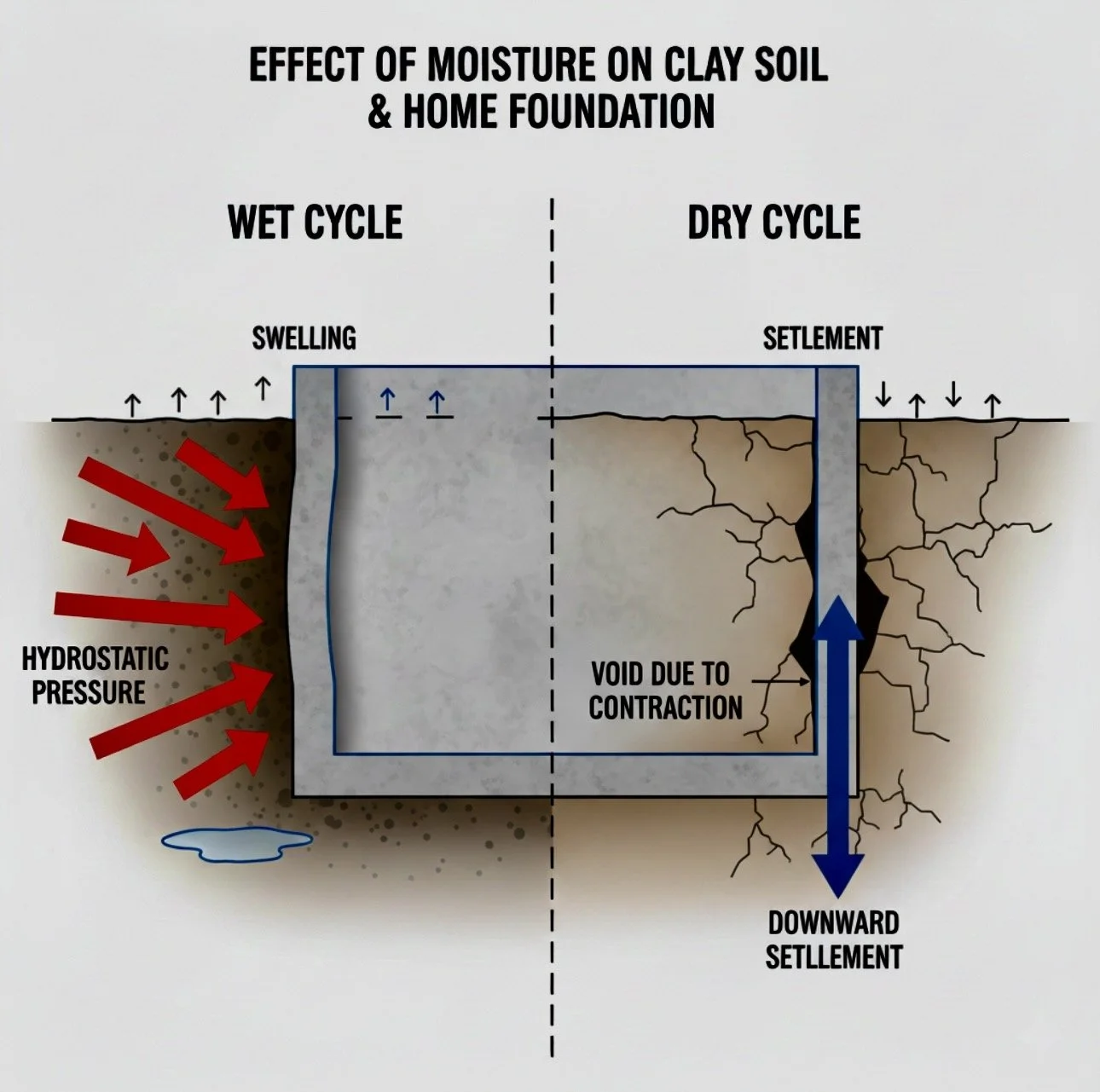 Diagram showing the effect of clay soil on home foundations in Matteson, IL. Left side shows wet cycle causing hydrostatic pressure and wall bowing; right side shows dry cycle causing contraction and downward settlement.