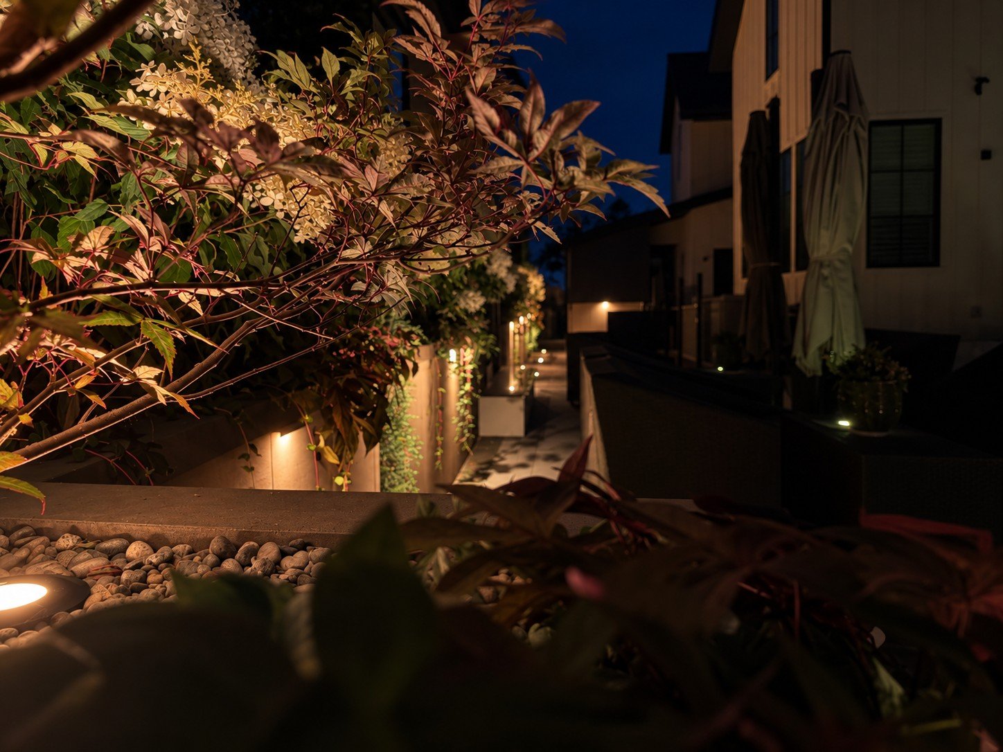 Landscape lighting at night in Bella Vista, AR - uplit shrubs, retaining wall lights and low path lighting by Premier Outdoor Lighting and Audio
