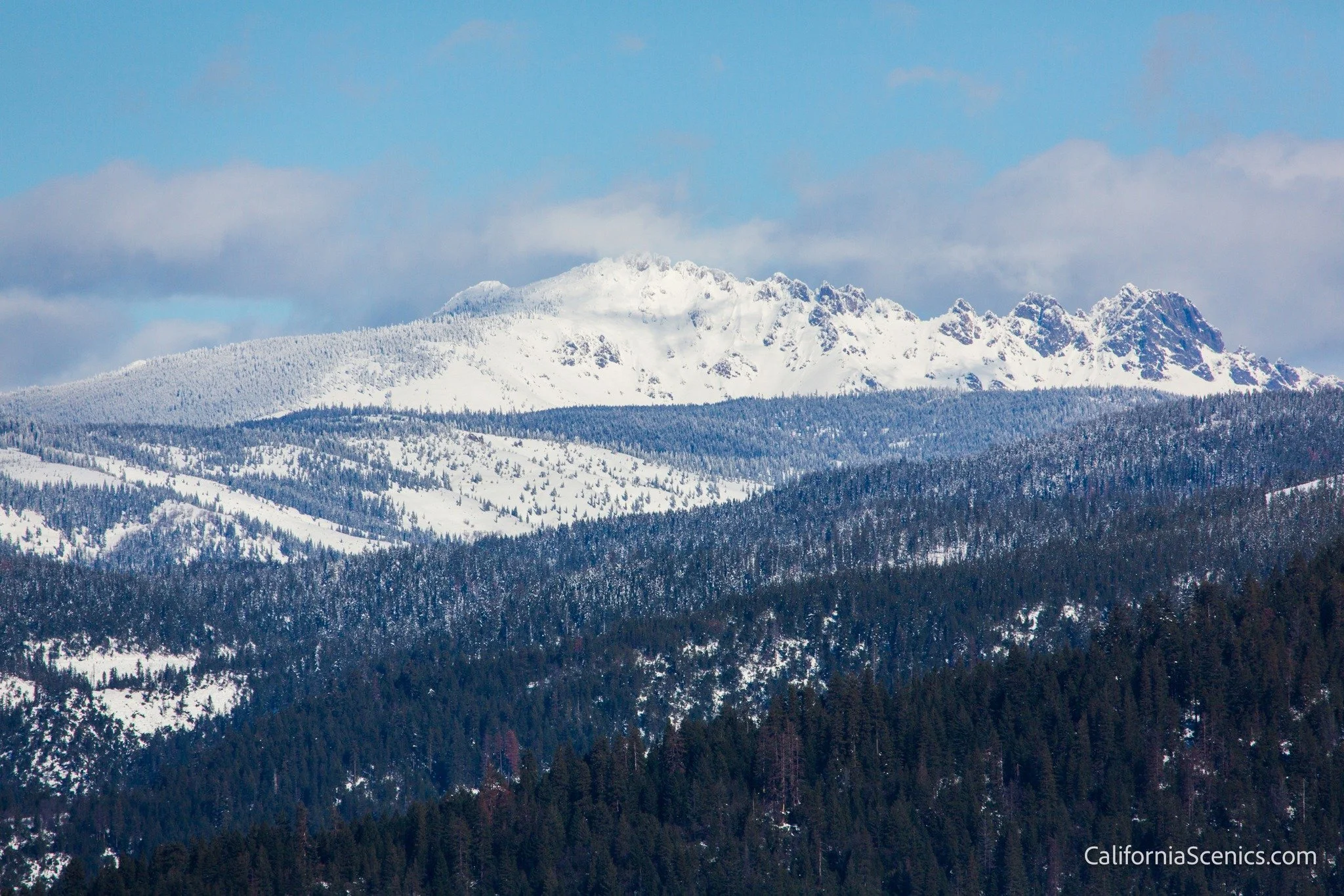 A beautiful, snow-capped view of the Sierra Buttes.
