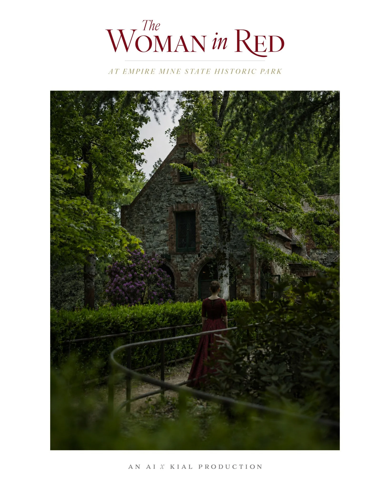 The Woman in Red at Empire Mine 
An AI x Kial Visual Storytelling Series

PART 2 of 5
There is something about old stone buildings, overgrown paths, and filtered light that naturally feels cinematic. 

For this image, I wanted the woman in red to fee