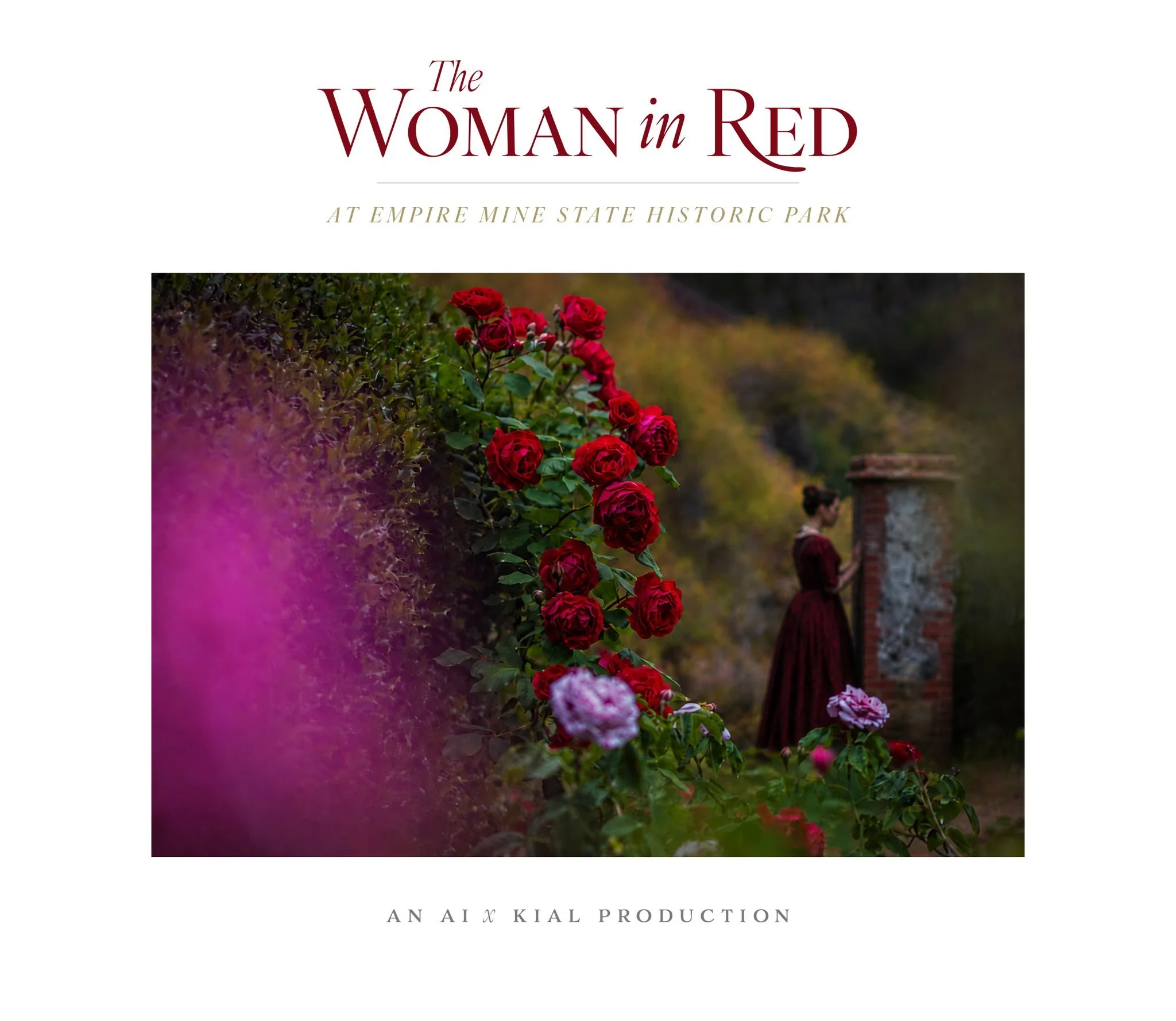 The Woman in Red at Empire Mine
An AI x Kial visual storytelling series

Part 5 of 5
For the final image in this small series, I wanted the woman in red to feel almost discovered rather than staged.

The roses are real. The rose garden is real. The b