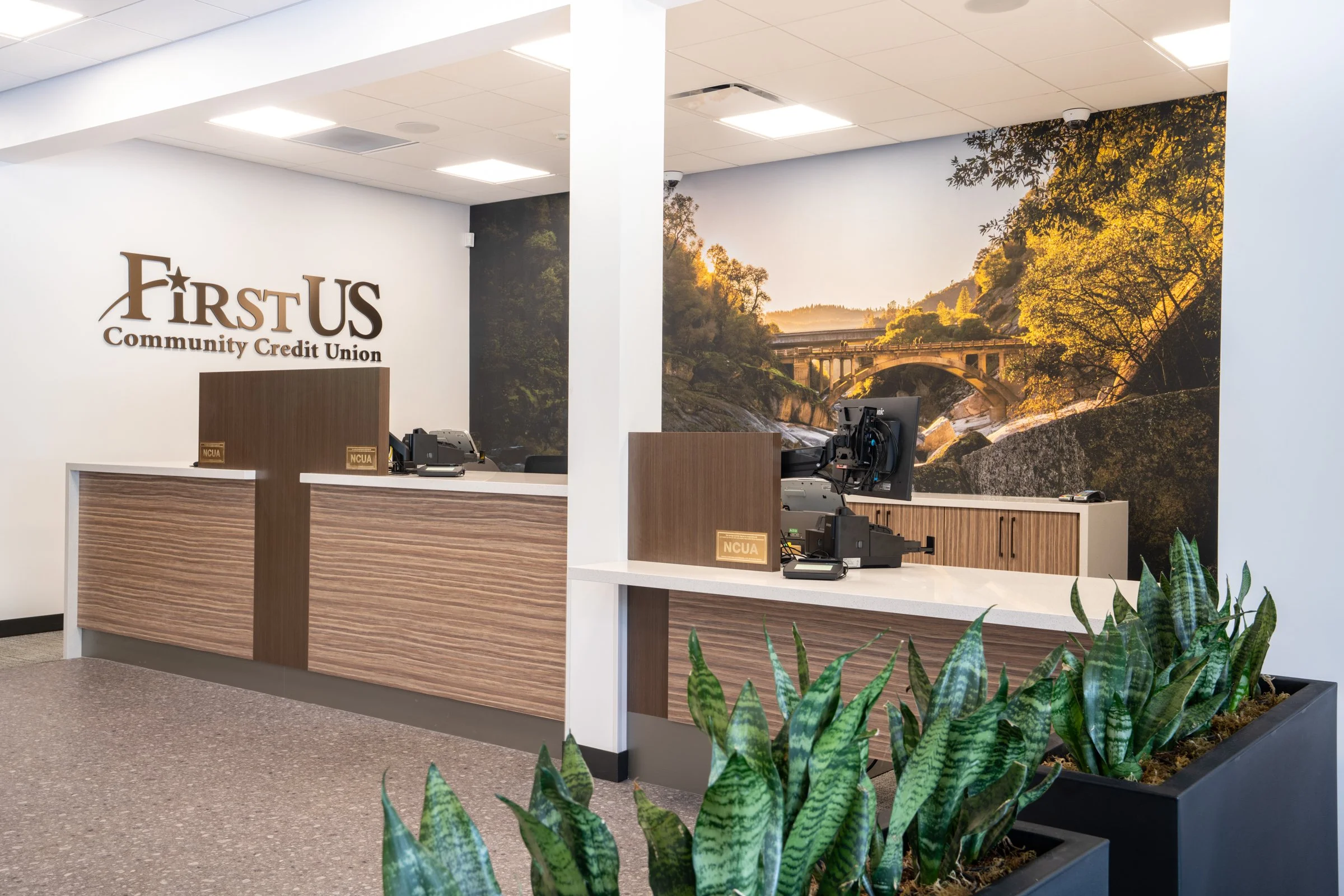 Interior of a First US Community Credit Union branch with a reception desk, computer, and large wall mural of a scenic landscape with a bridge and trees.