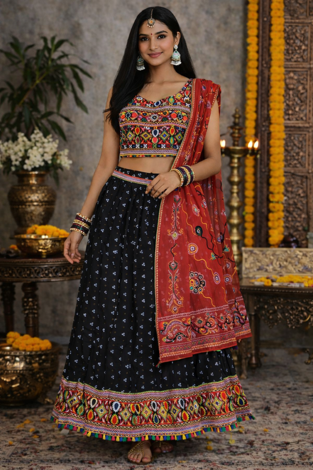 Woman wearing a Red and Black Lehenga from Shreya Couture