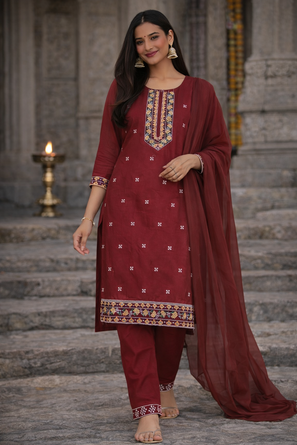 Woman wearing a red Kurti Set from Shreya Couture