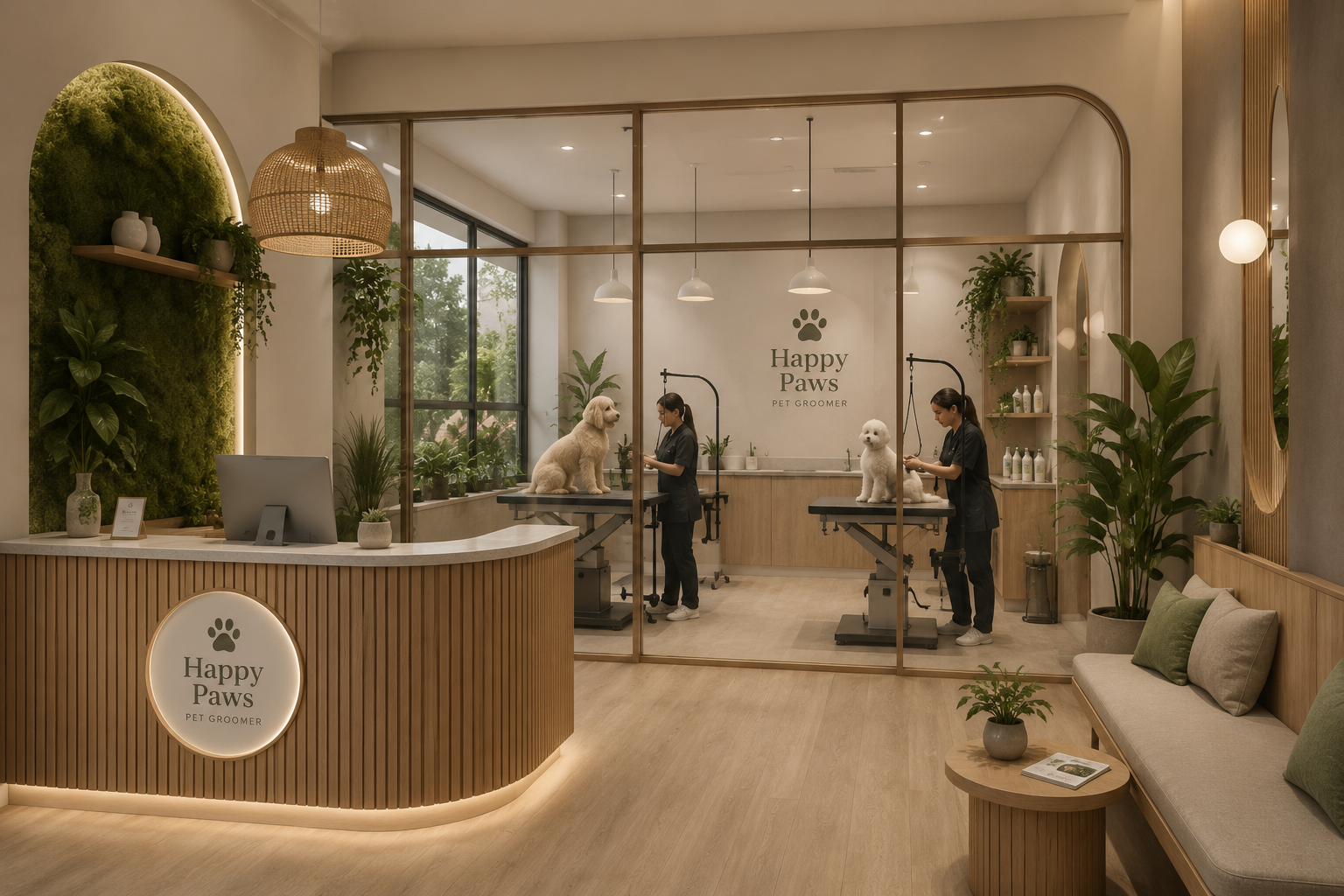 The interior of a pet grooming salon called Happy Paws with two groomers working on dogs, surrounded by green plants, wooden furniture, and warm lighting.
