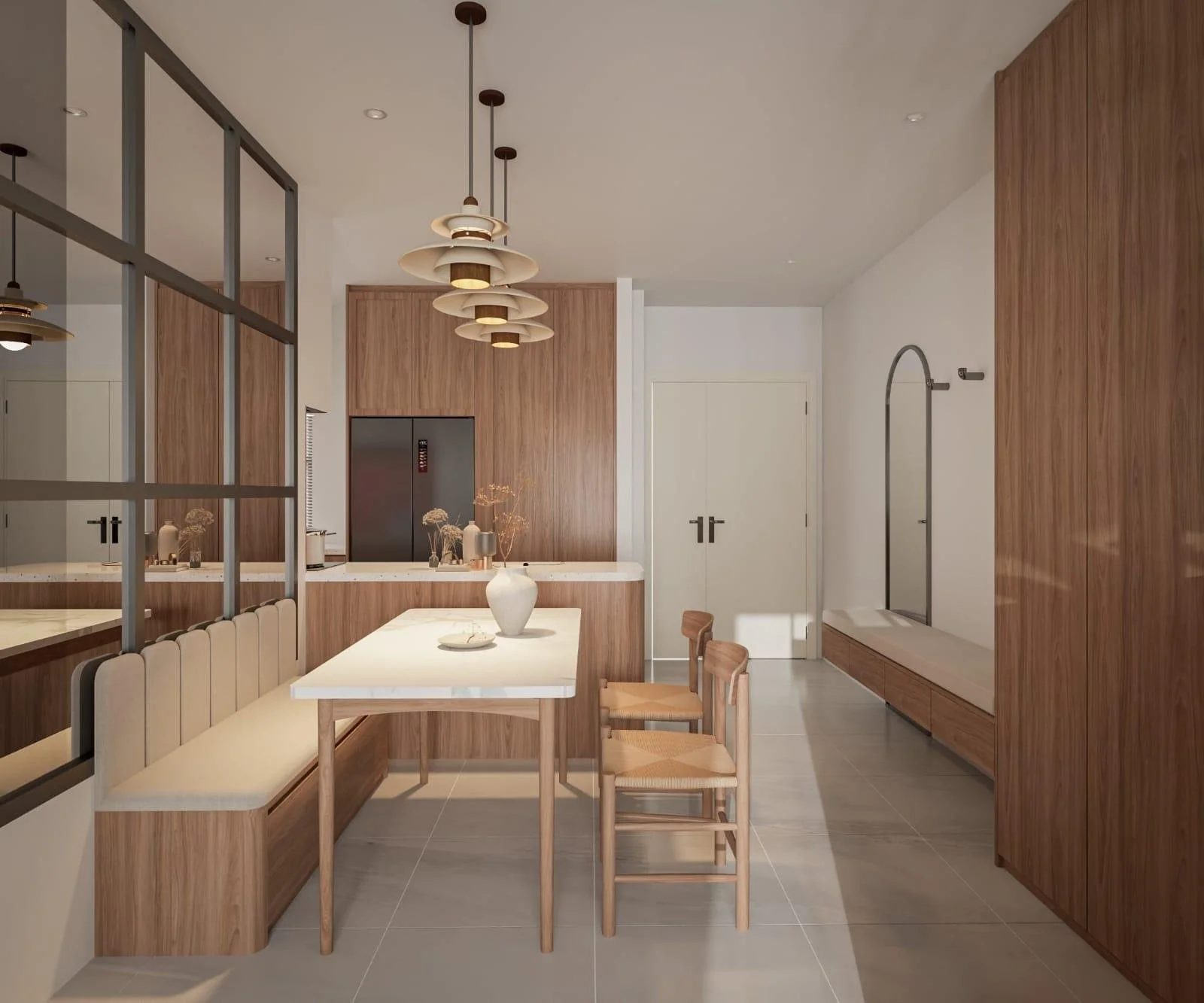 Modern kitchen and dining area with wooden cabinets, a white table with a vase, pendant lights, and a shower area with a curved rail. Designed by Kinoko Spaces.