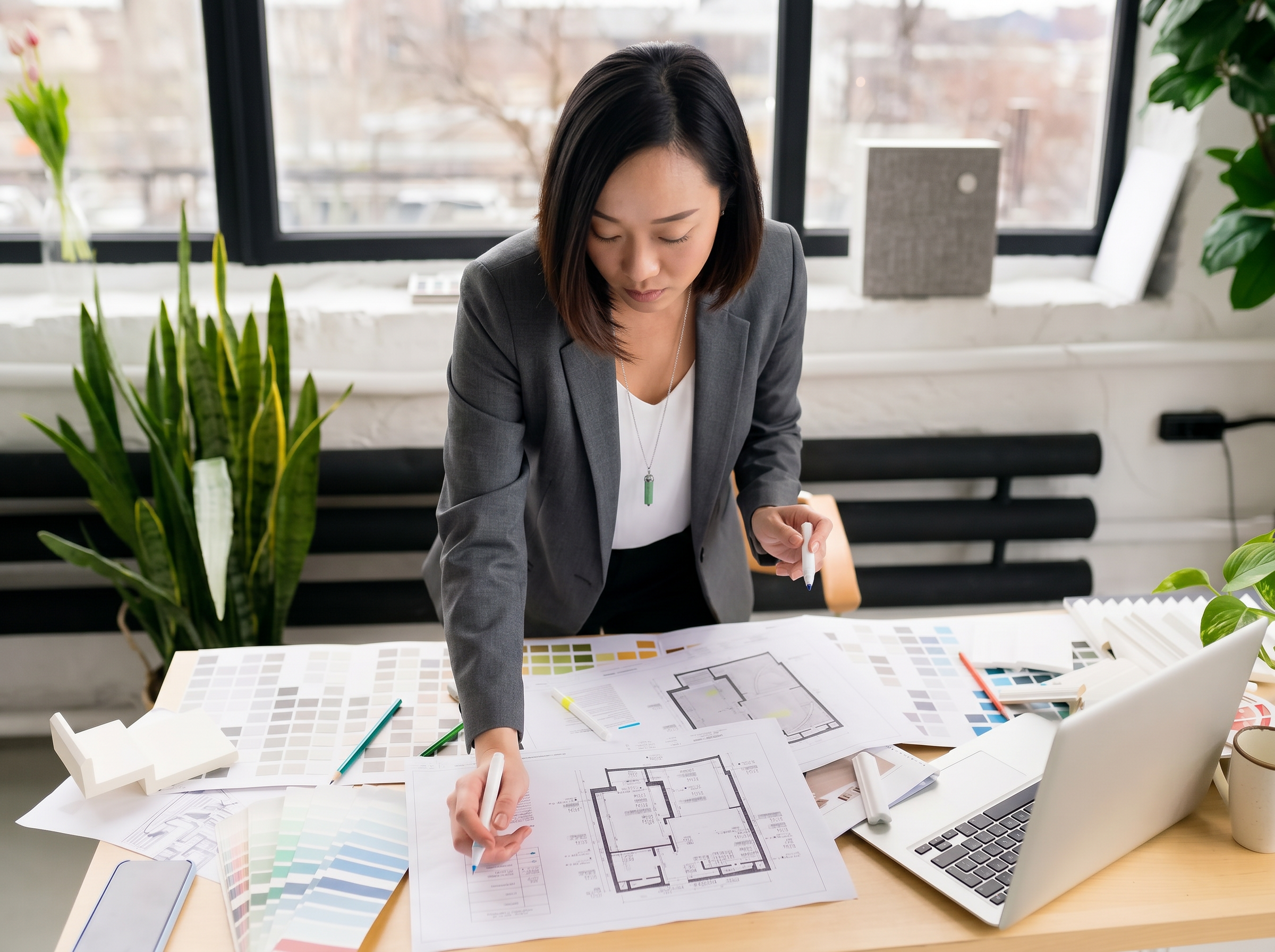 A woman in a gray blazer and white shirt is leaning over a table covered with Kinoko Spaces' architectural and interior design blueprints, color swatches, and design tools in a bright office space with large windows and green plants.