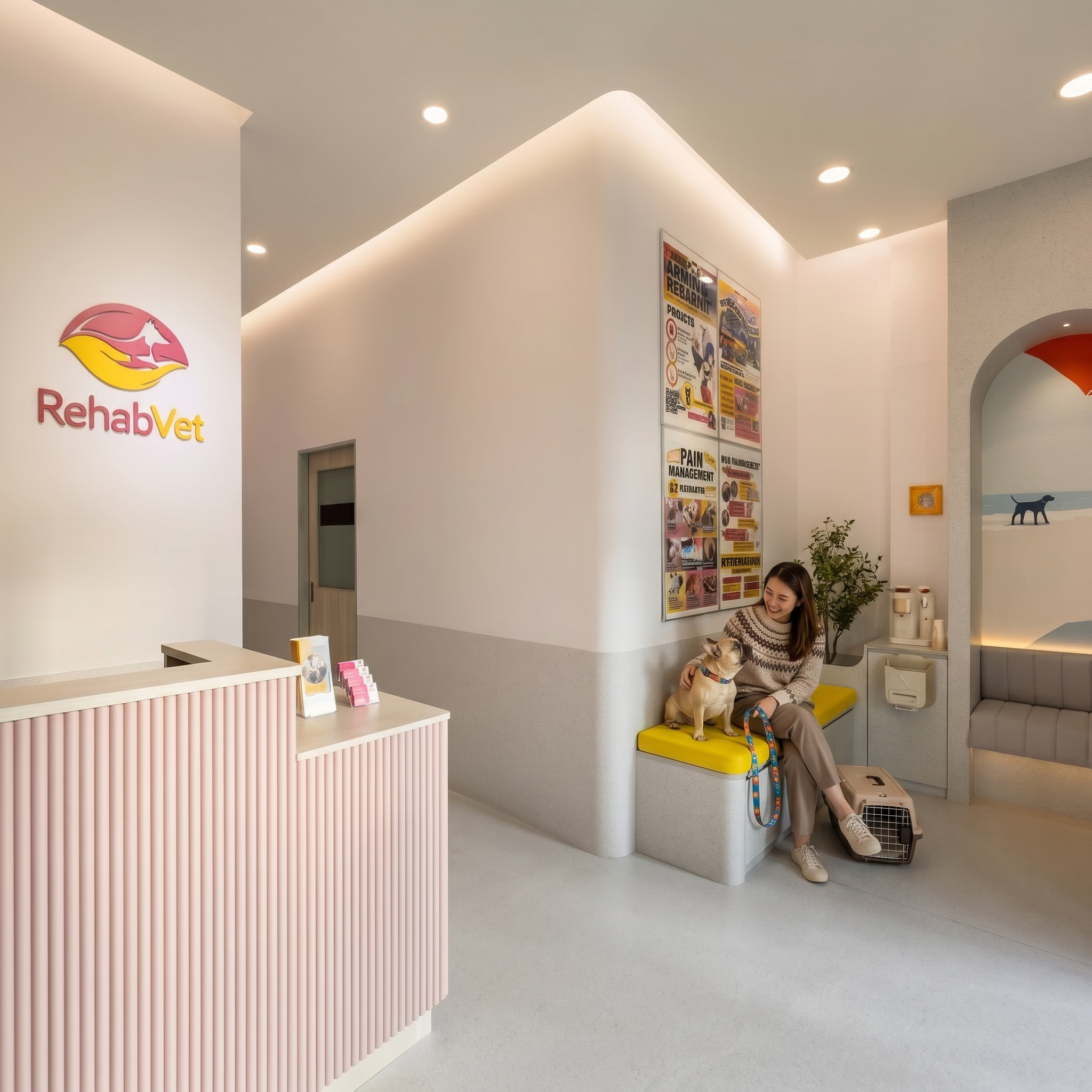 Reception area of a veterinary clinic with a woman sitting on a yellow bench, petting a dog, and smiling in Singapore. The area has a pink and white counter, plants, and colorful posters on the wall. A commercial project by Kinoko Spaces.
