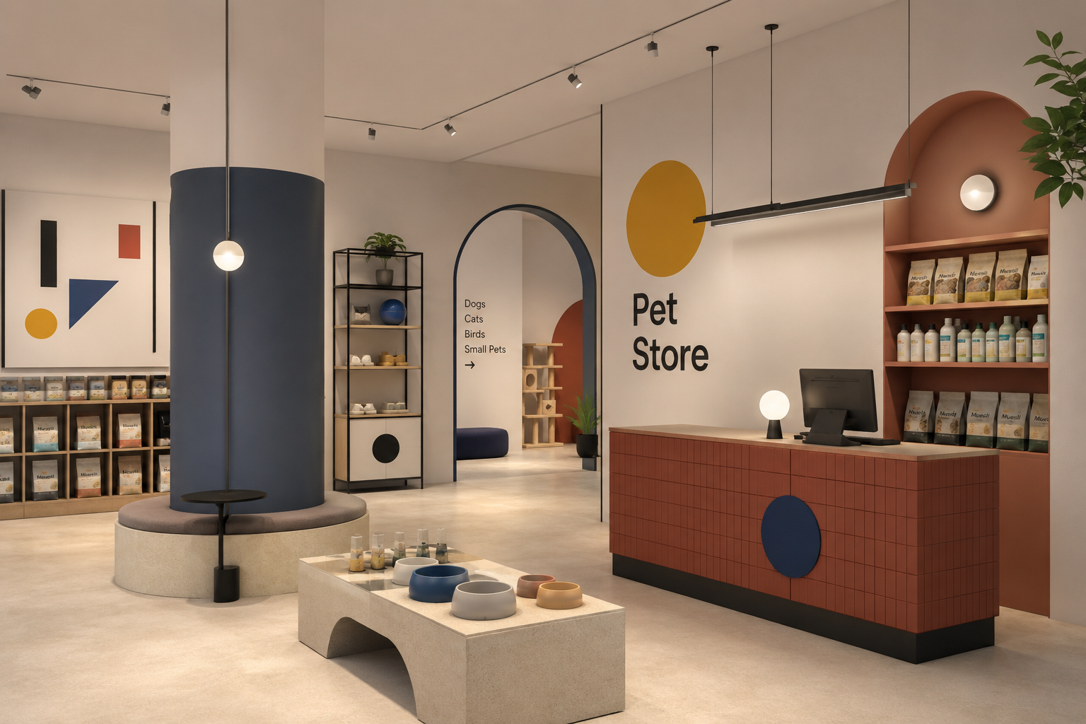 Modern pet store interior with a reception counter, shelves of pet supplies, a seating area with a circular bench, and decorative wall art.