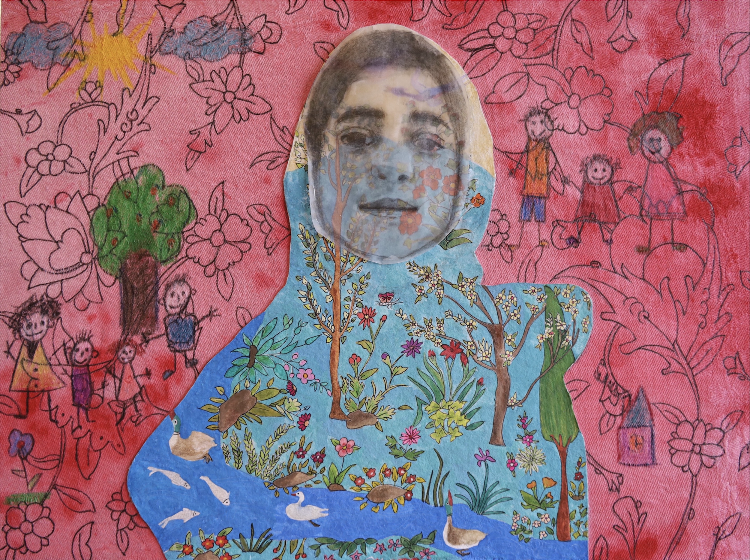 Hasti in Paradise, the smallest martyr murdered by Islamic Republic, 9*12", Gouache, Watercolor, Graphite Pencil on the Paper, on the Dye Fabric Over Wood Panel