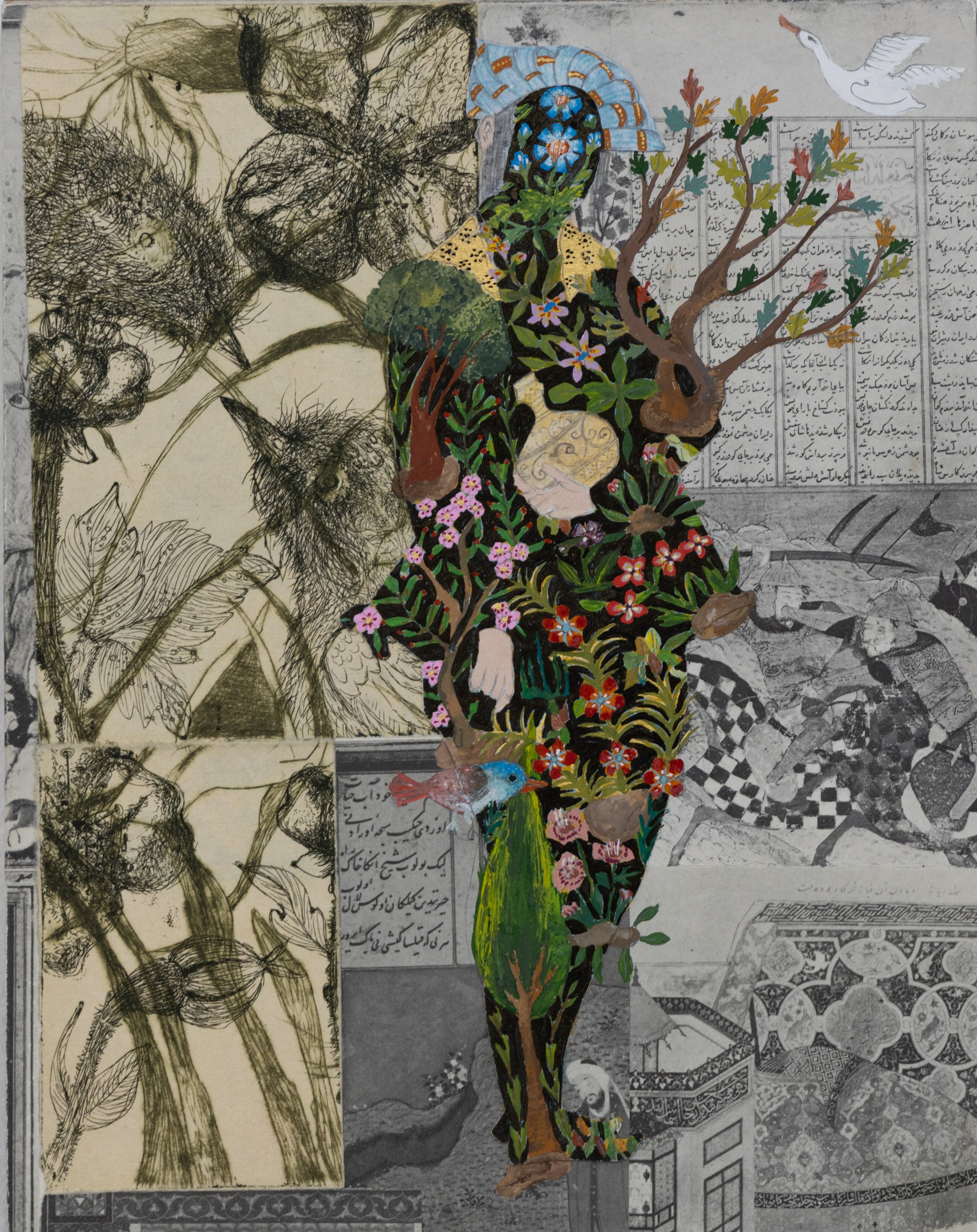 The Garden Within, 9*12", Gouache, Watercolor, Graphite Pencil on the Pages of an Old Persian Miniature Book, Cooper Etching Over Wood Panel