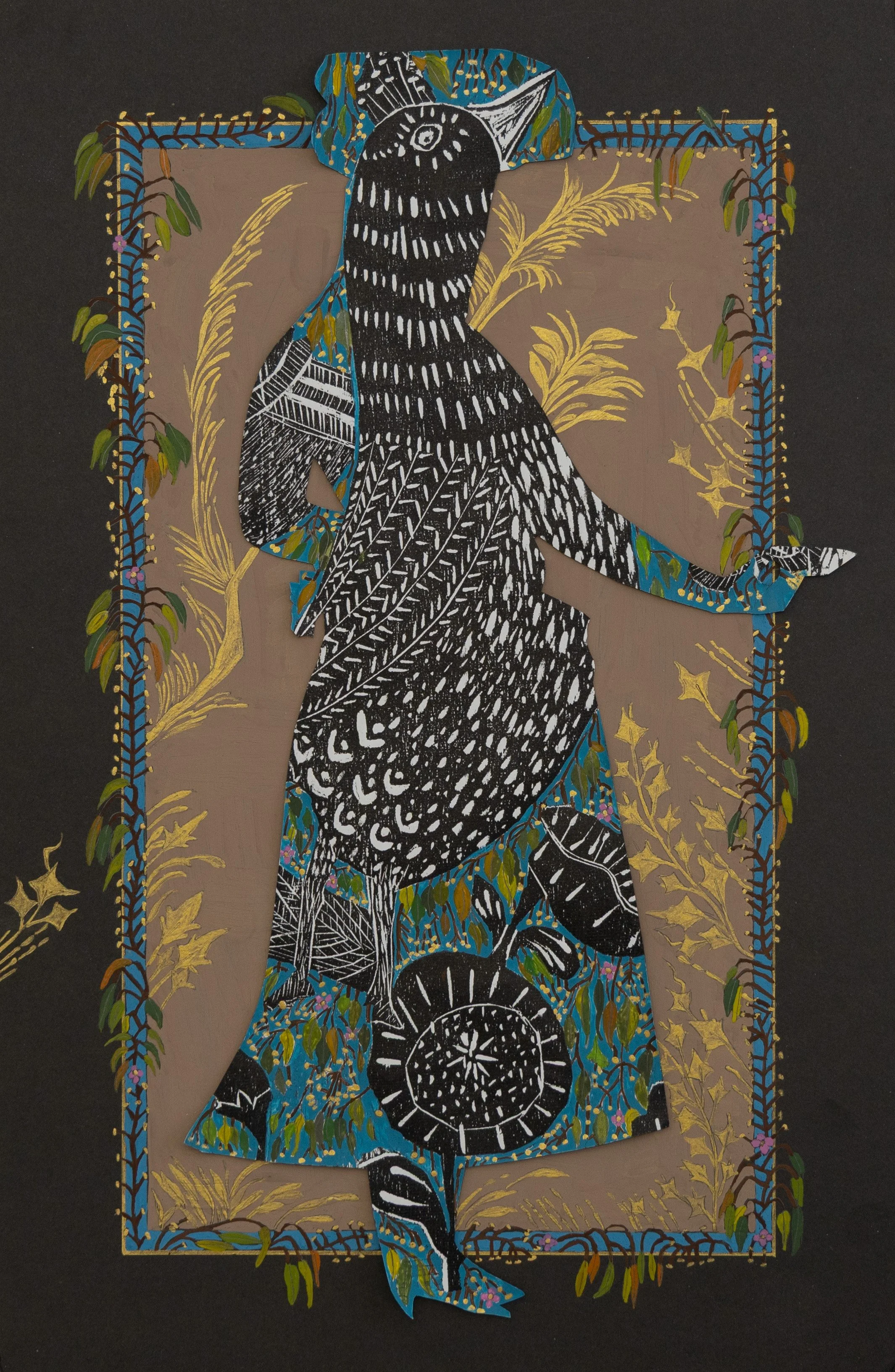 In the Garden I,
Woodcut printmaking, gouache, watercolor  on Eastern paper, 
11 × 16 in
