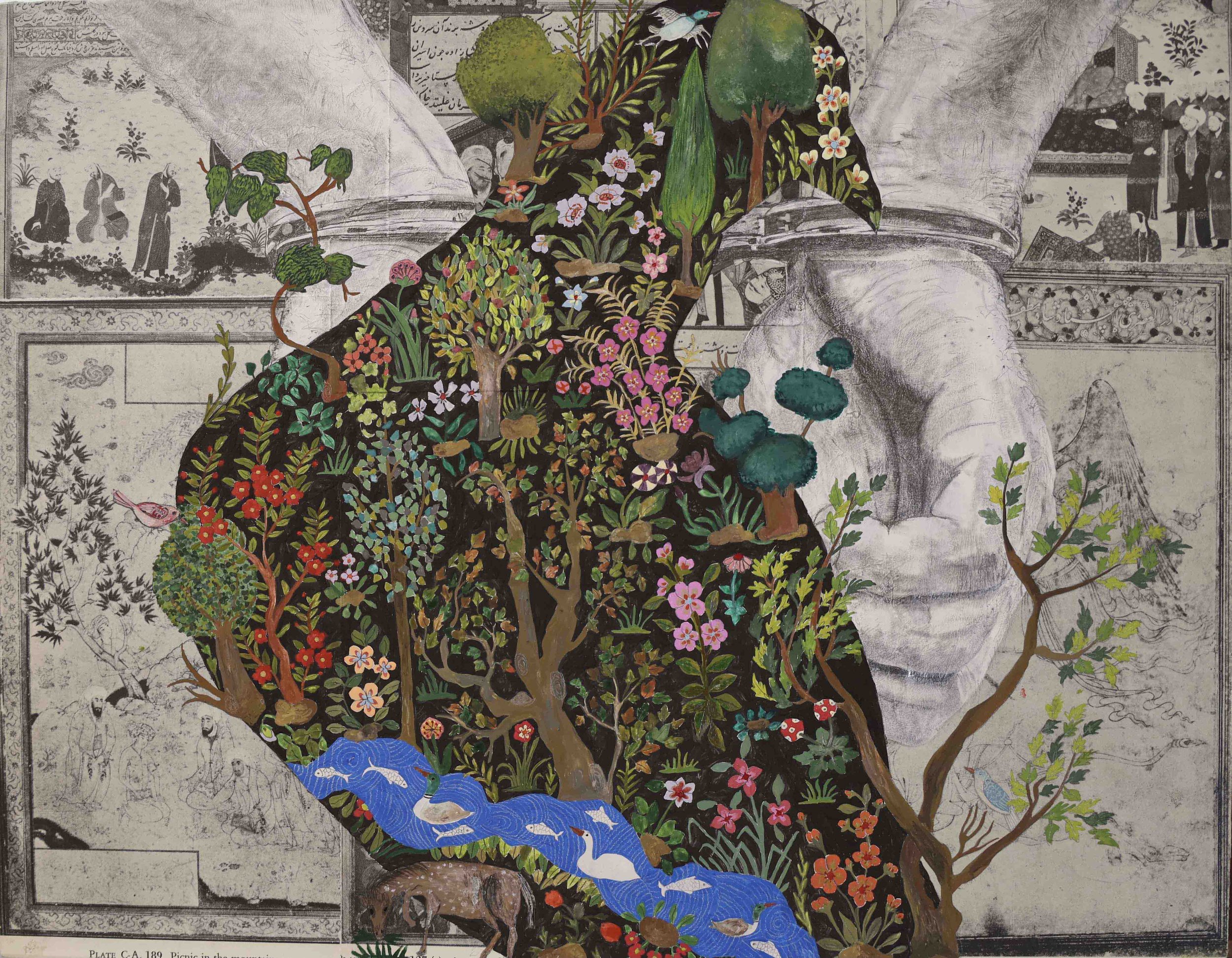 The Wise Dove of Freedom, 11*14", Gouache, Watercolor, Graphite Pencil on the Pages of an Old Persian Miniature Book, Over Wood Panel