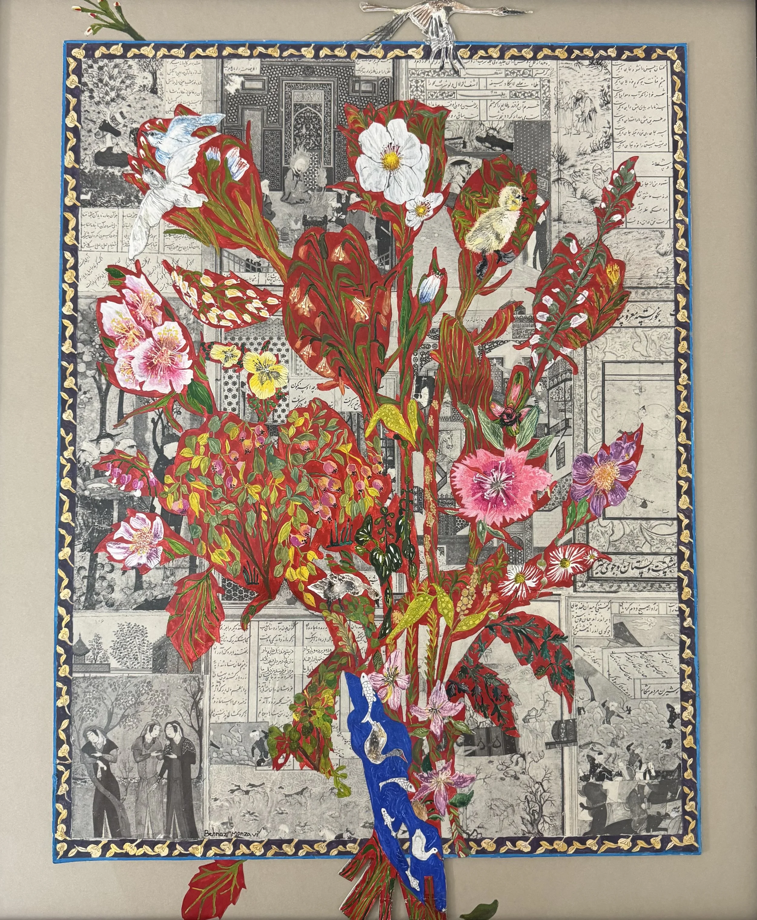 The Margin Speaks.   

gouache, watercolor, graphite pencil on the pages of an old Persian miniature book, 

18 × 22.5 in