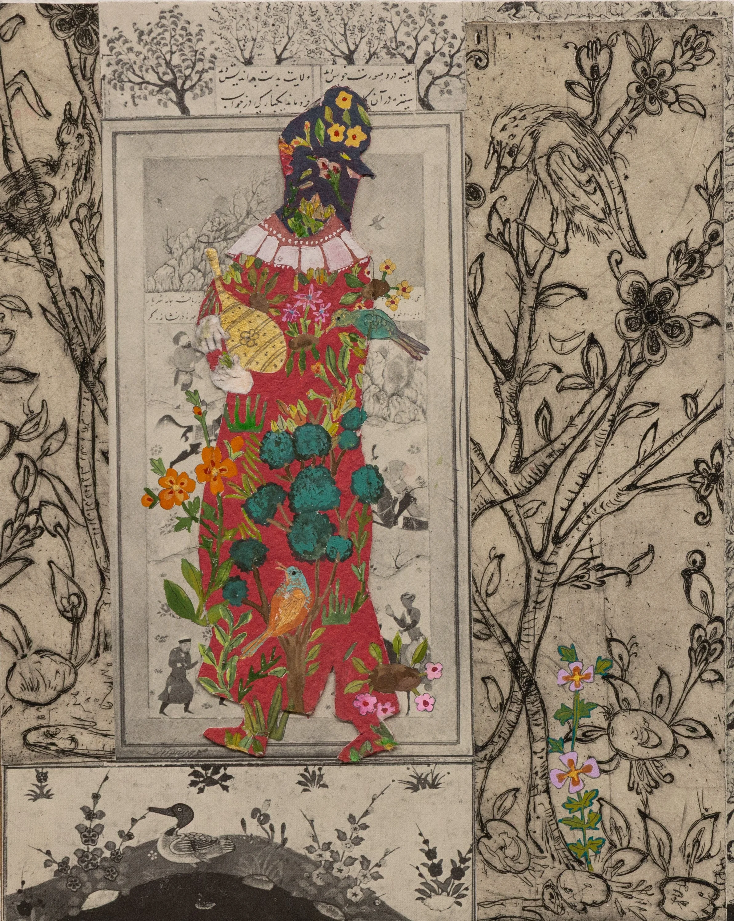 Nature Wears Her Name. 9*12 "
Gouache, Watercolor on the Pages
of an Old Persian Miniature Book, Cooper Etching
Over Wood Panel