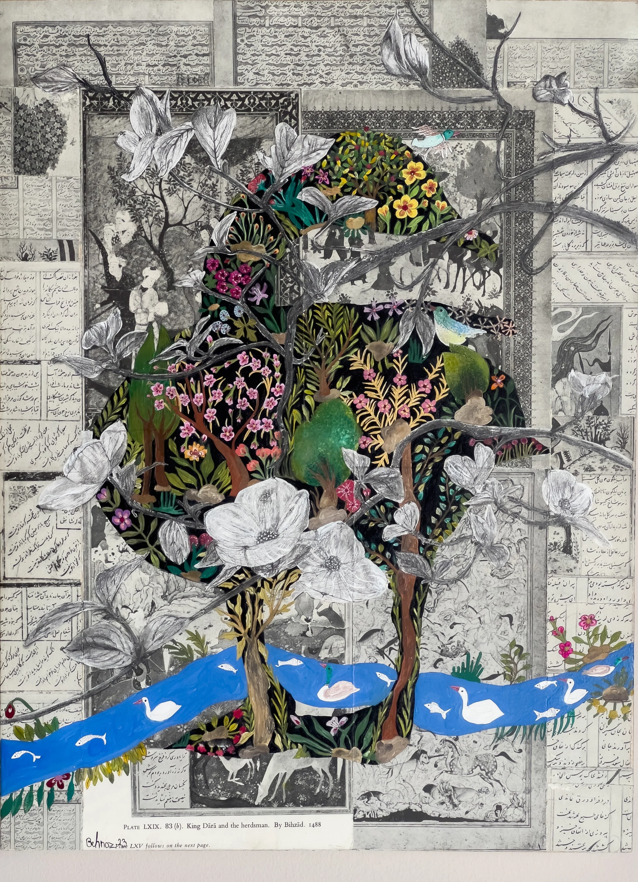 The Living Page —

gouache, watercolor, graphite pencil on
the Persian miniature book, over wood panel,

11 × 14 in
