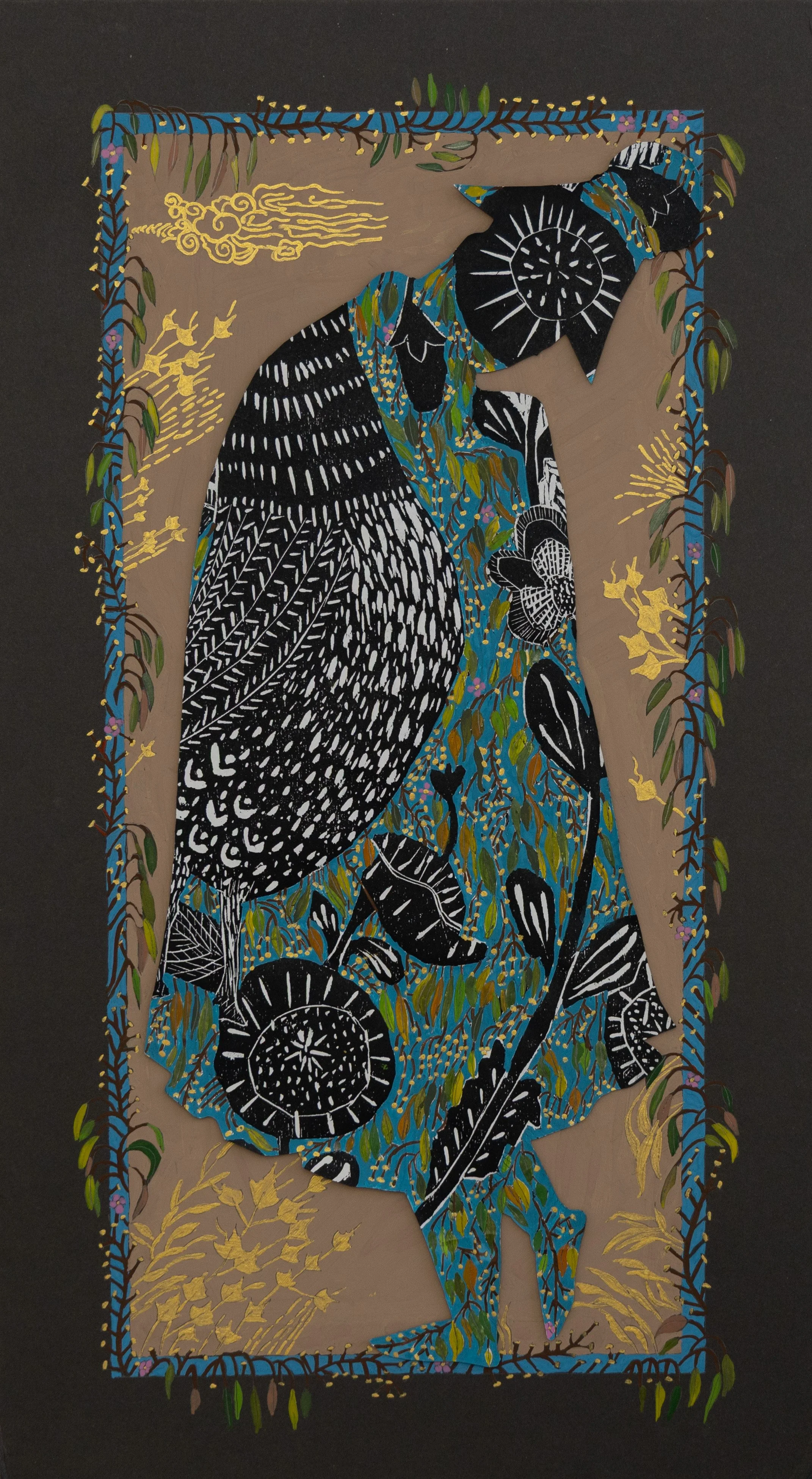 In the Garden II,
Woodcut printmaking, gouache, watercolor  on Eastern paper, 
11 × 20 in