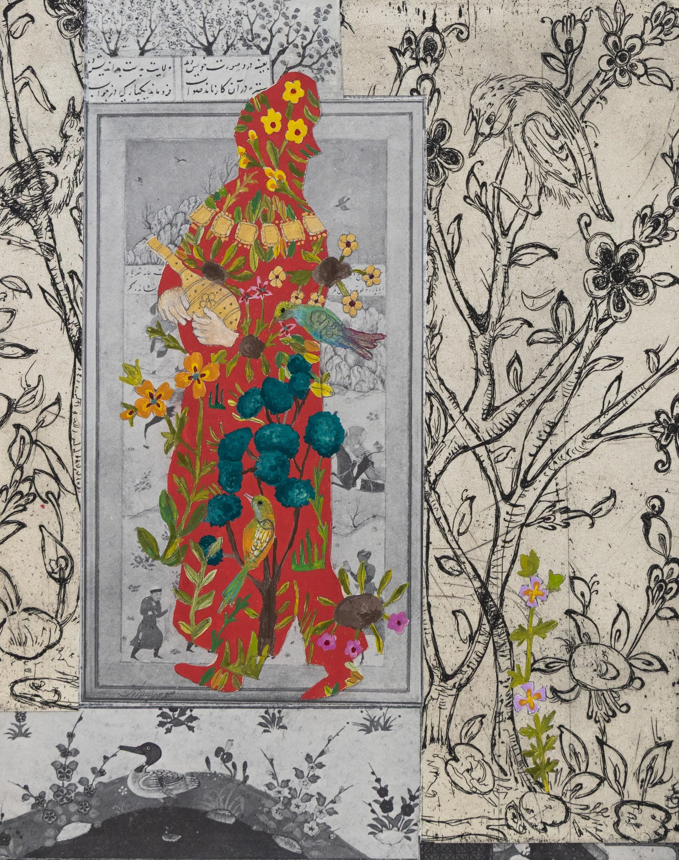 Nature Wears Her Name —

gouache, watercolor on the pages 
of an old Persian miniature book, cooper etching over wood panel, 
 8 × 10 in
