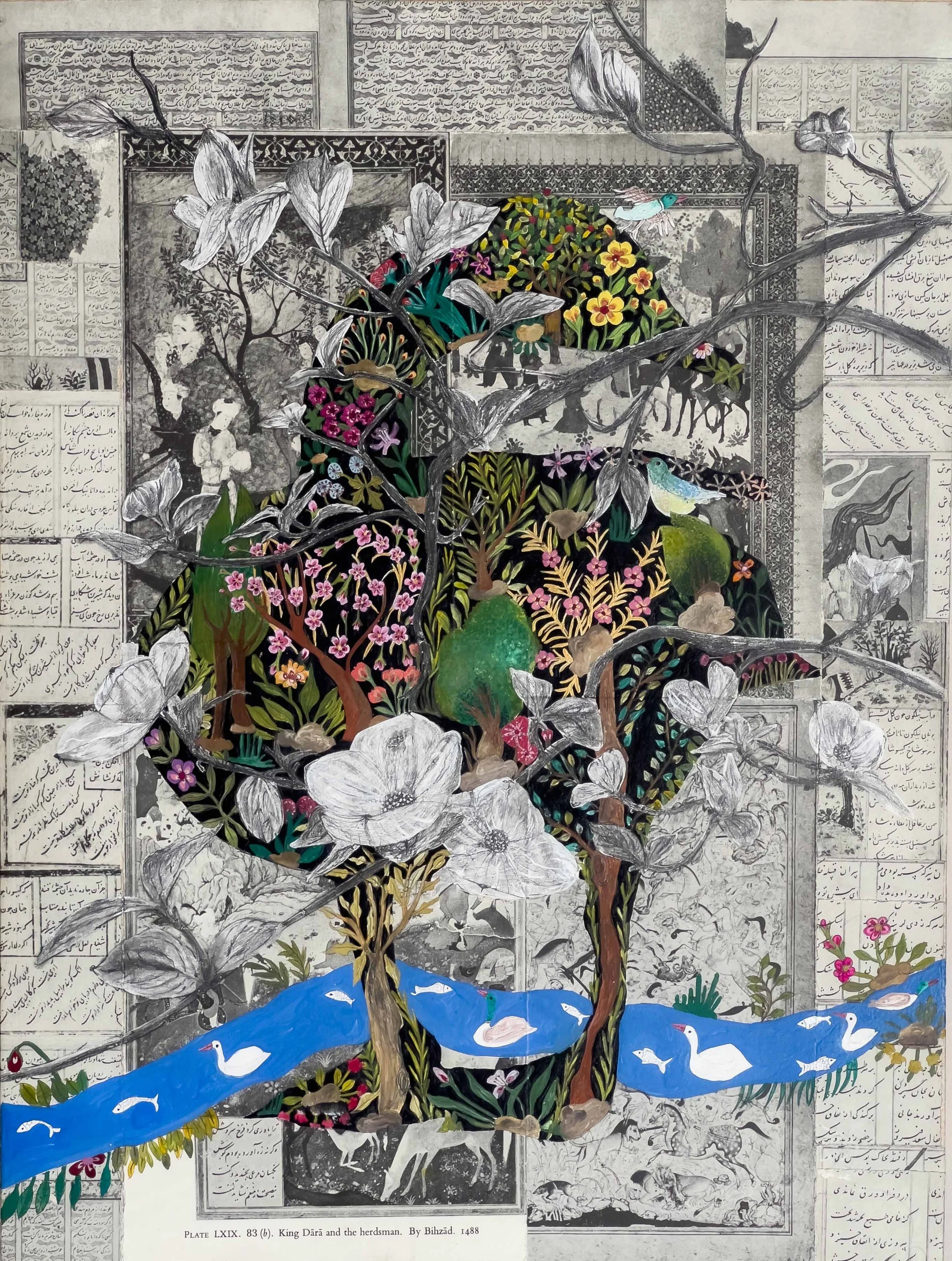 The Living Page. 

gouache, watercolor, graphite pencil on
the Persian miniature book, over wood panel,

11 × 14 in
