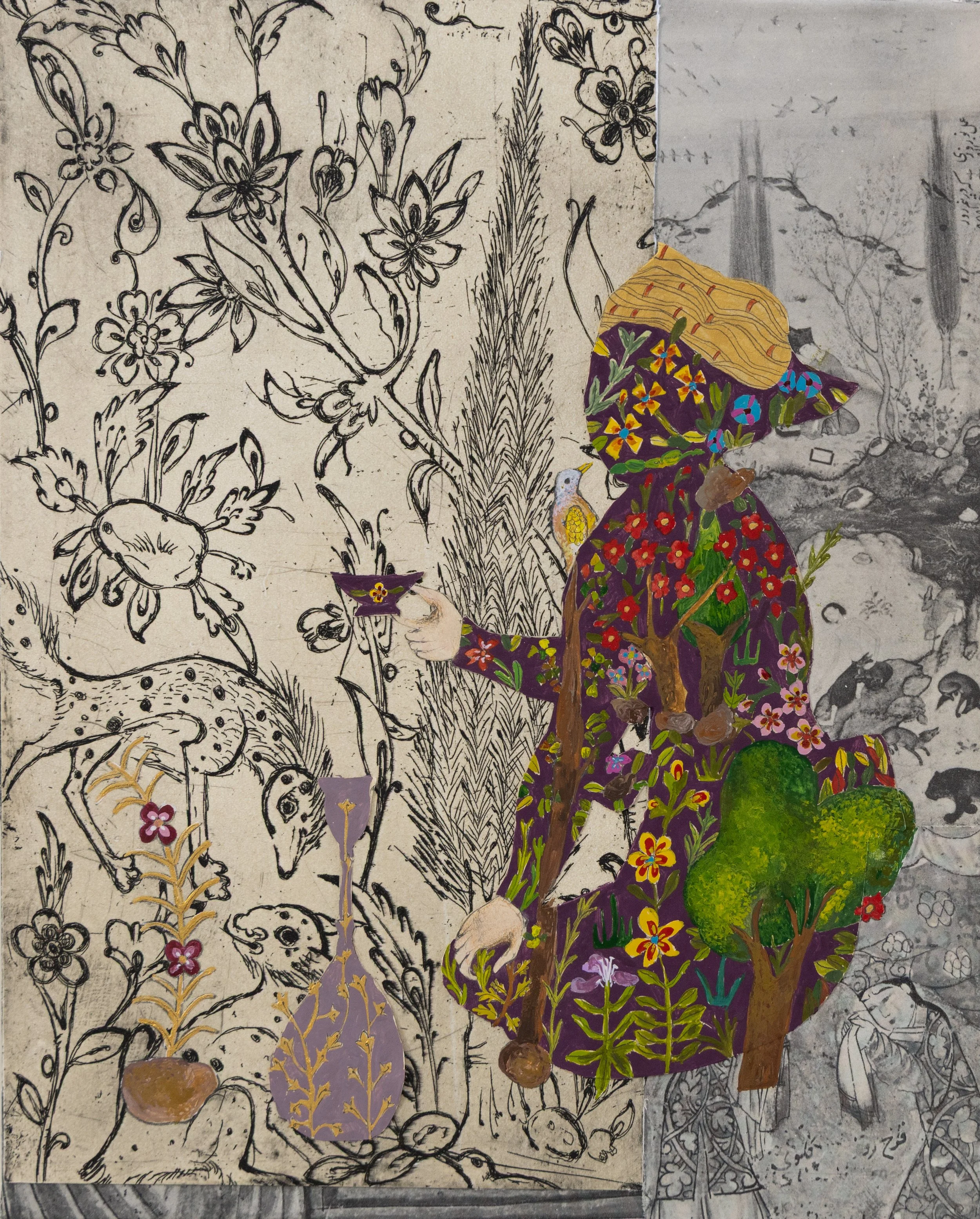 Rooted in Memory — 

gouache, watercolor on the pages of an old Persian miniature book, cooper etching over wood panel, 

8 × 10 in