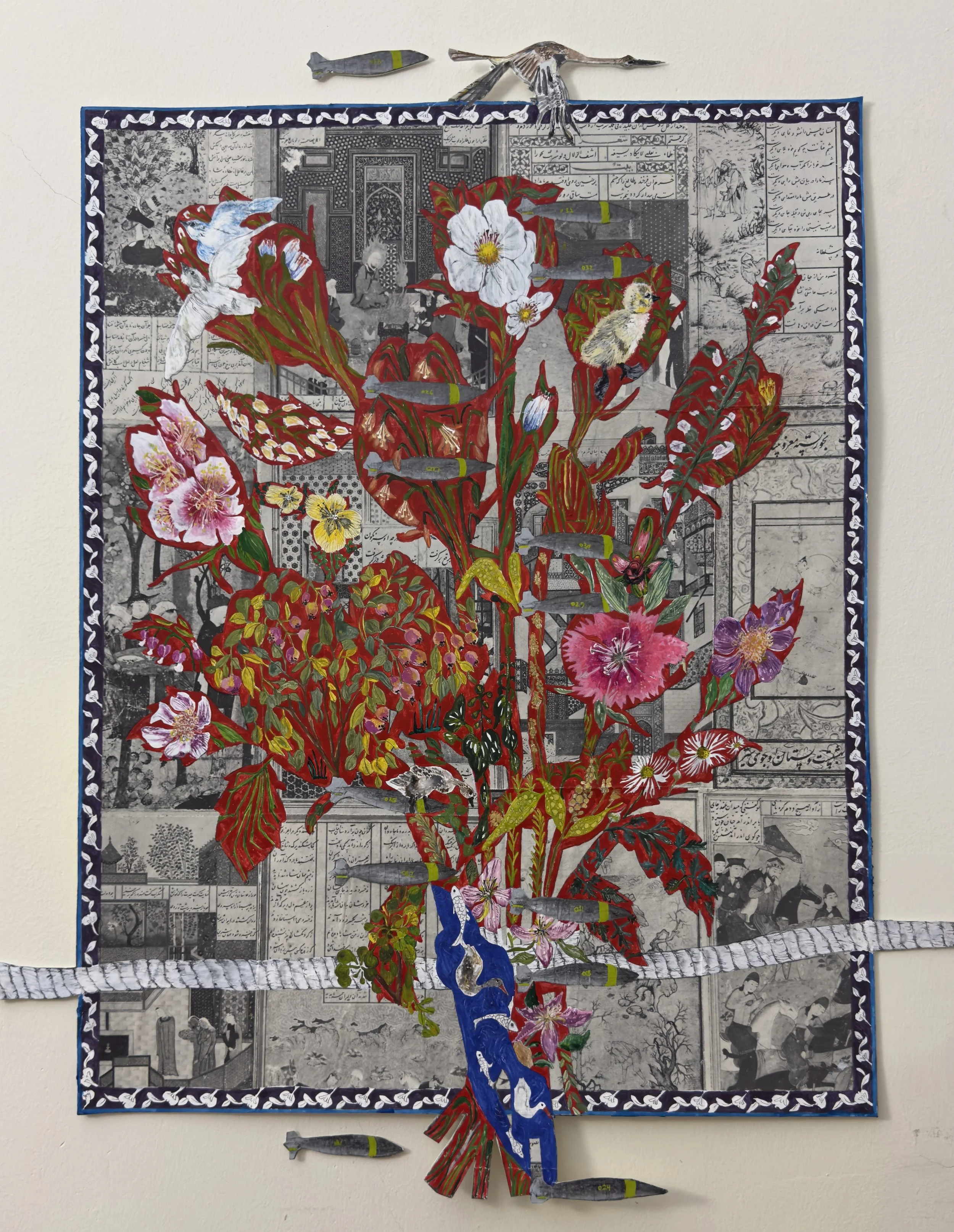 The Margin Speaks.
18*22.5"
Gouache, Watercolor, Graphite Pencil on the Pages of an Old Persian Miniature Book