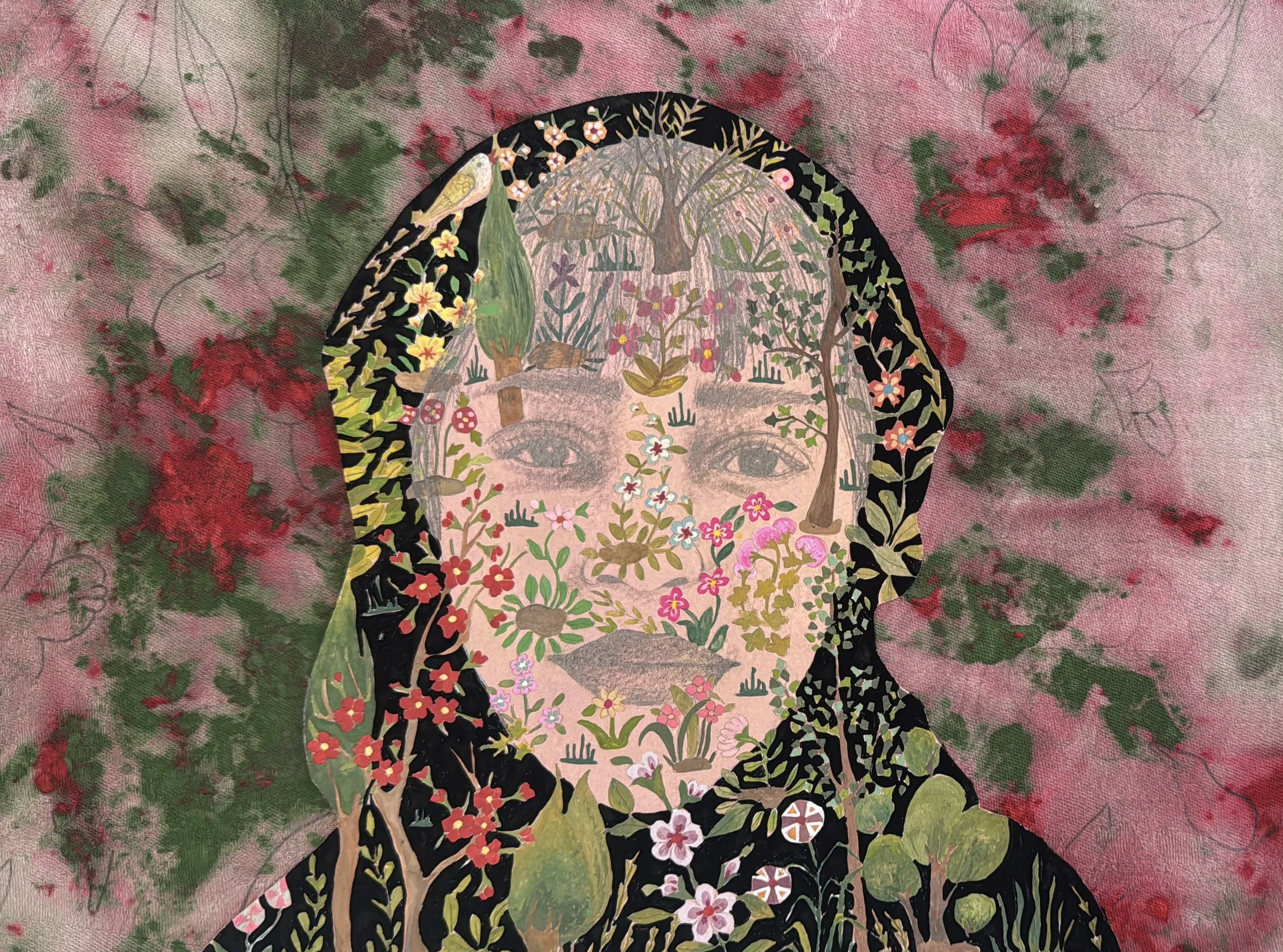 A Code for Liberty, Mahsa Amini.  

gouache, watercolor, graphite pencil
on the paper, on the dye fabric over
wood panel,
12 × 9 in