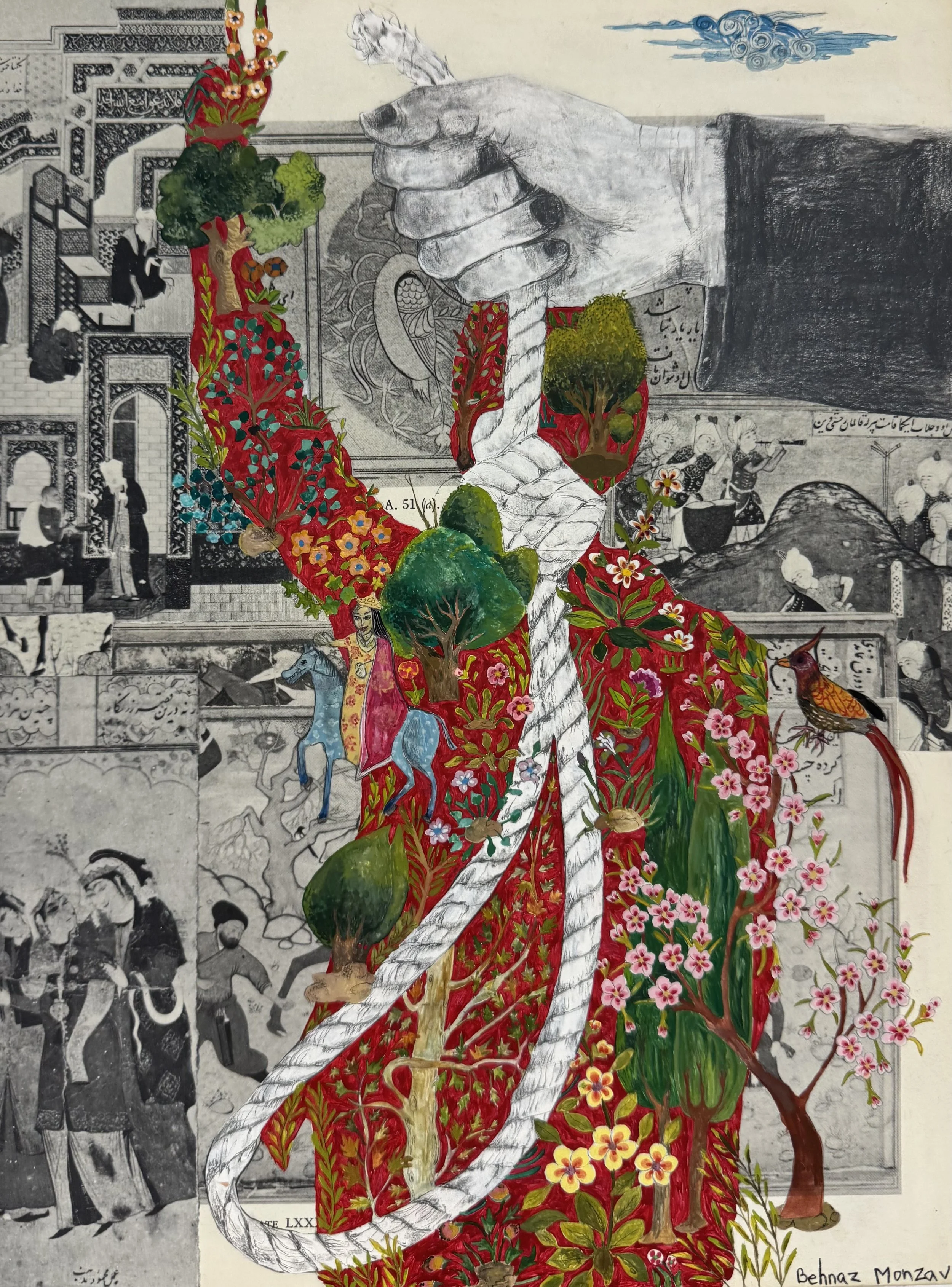 Spring of Freedom After Repression.  

gouache, watercolor, graphite pencil on the Persian miniature book, over wood panel, 
9 × 12 in