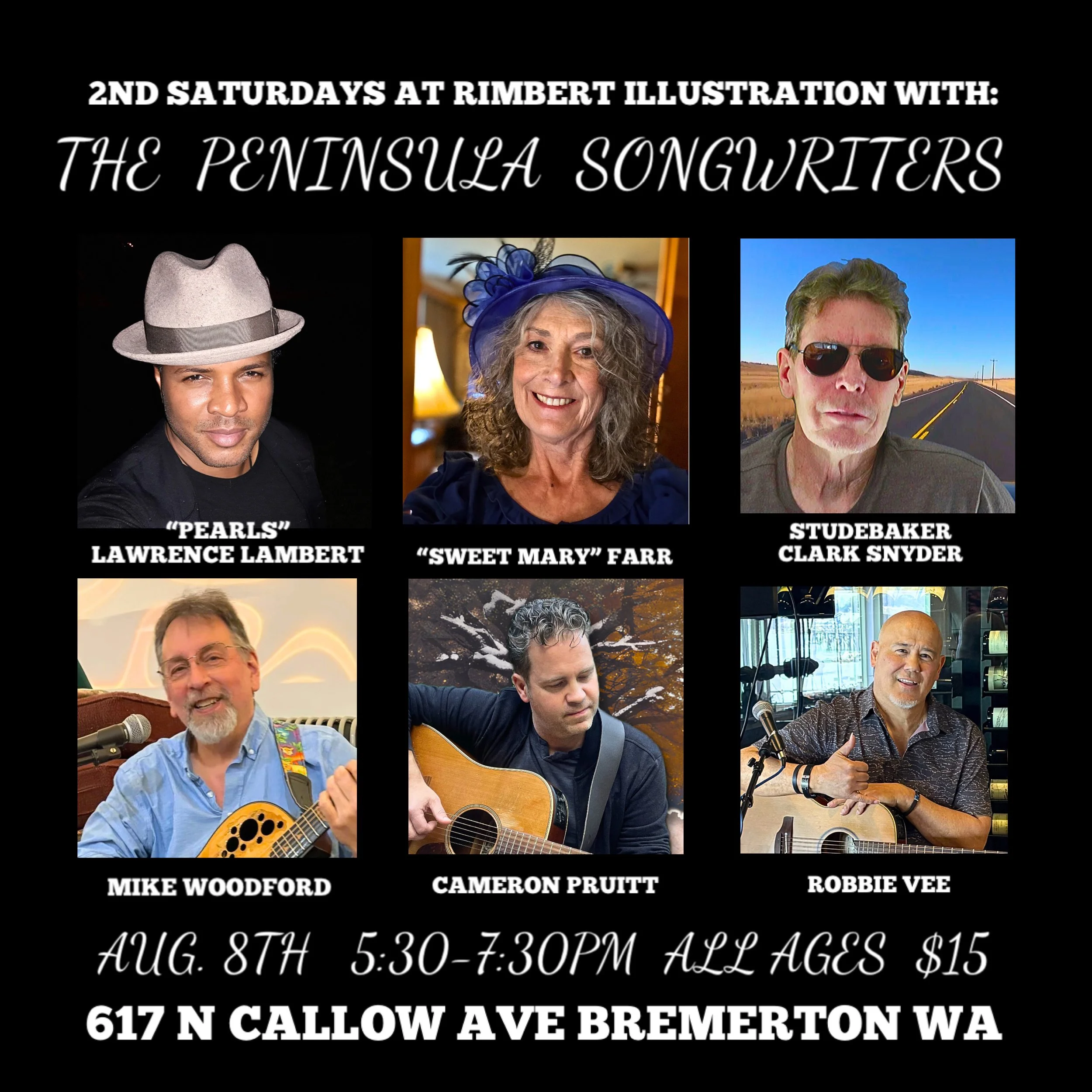 At Rimbert Illustration,  Aug 8th in Bremerton. Eventbrite tickets or at the door. https://www.eventbrite.com/e/the-peninsula-songwriters-showcase-tickets-1994395078367