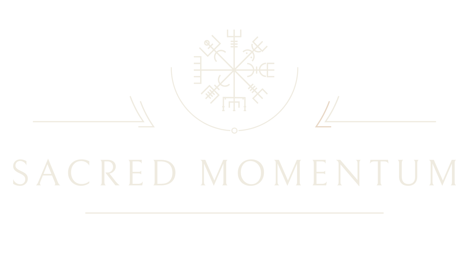 Sacred Momentum logo with a stylized compass or symbol above the text, on a black background