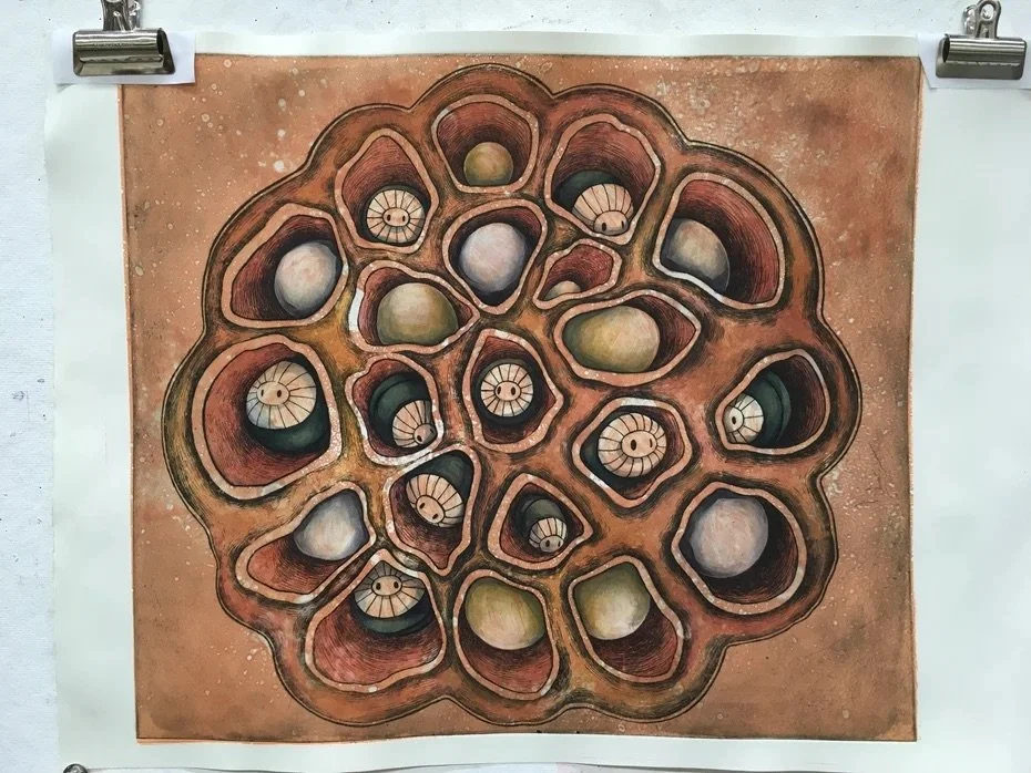 Lotus Pod
2017 | 24"x 28" | etching, monotype, and watercolor on watercolor paper.