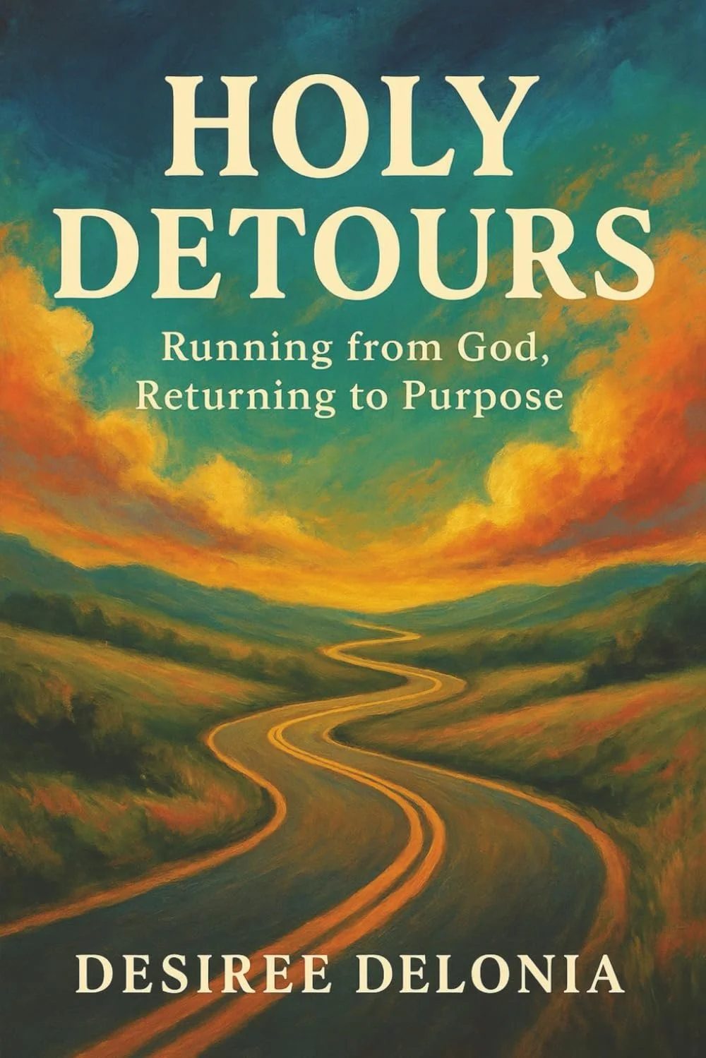 Book cover titled "Holy Detours" with a painted landscape of winding road and vibrant sky, by Desiree Delonia.