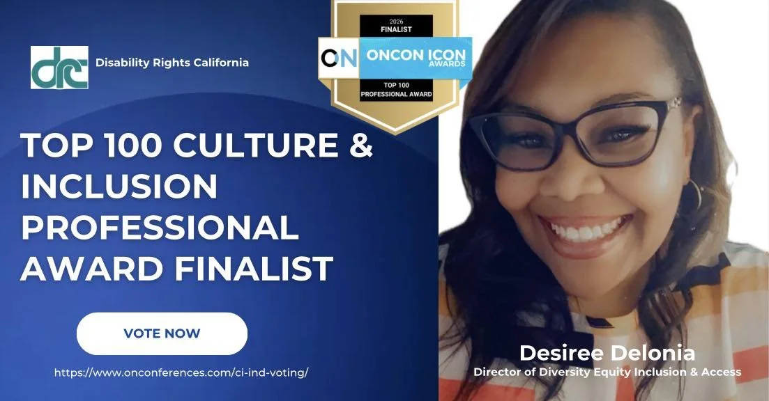 Award announcement for Desiree Delonia as a finalist in the Top 100 Culture & Inclusion Professional Award, with a photo of her smiling and wearing glasses, along with a call to action to vote.