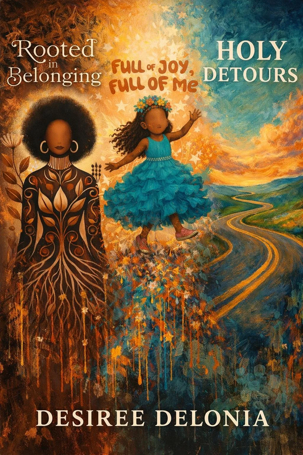 Book cover with artwork of a dark-skinned woman with an afro hairstyle and gold and brown leaf-based design, and a young girl in a blue ruffled dress and floral headband jumping over a colorful landscape with a winding road and bright sky. Title texts include 'Rooted in Belonging,' 'Full of Joy, Full of Me,' 'Holy Detours,' and author's name Desiree Delonia.