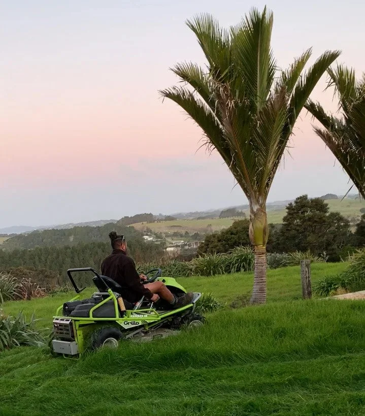 A person riding a green riding lawn mower on a lush green lawn, with palm trees and rolling hills in the background during sunset.