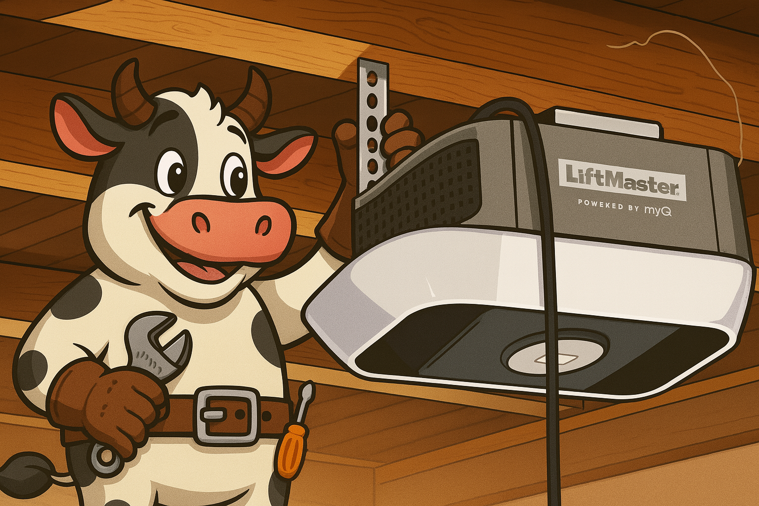 A cartoon cow dressed as a maintenance worker holding a wrench and screwdriver, standing in front of a large lift-masters garage door opener.