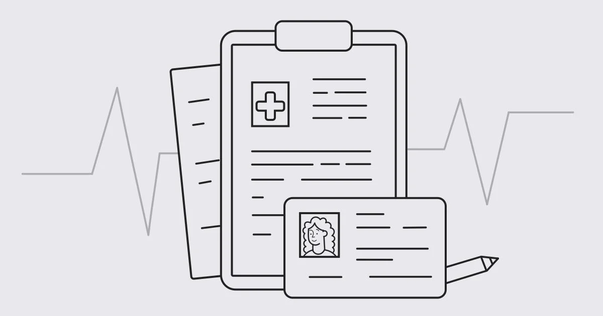 Line drawing of medical documents, an ID card, a pencil, and a medicare card, with a heartbeat line in the background.