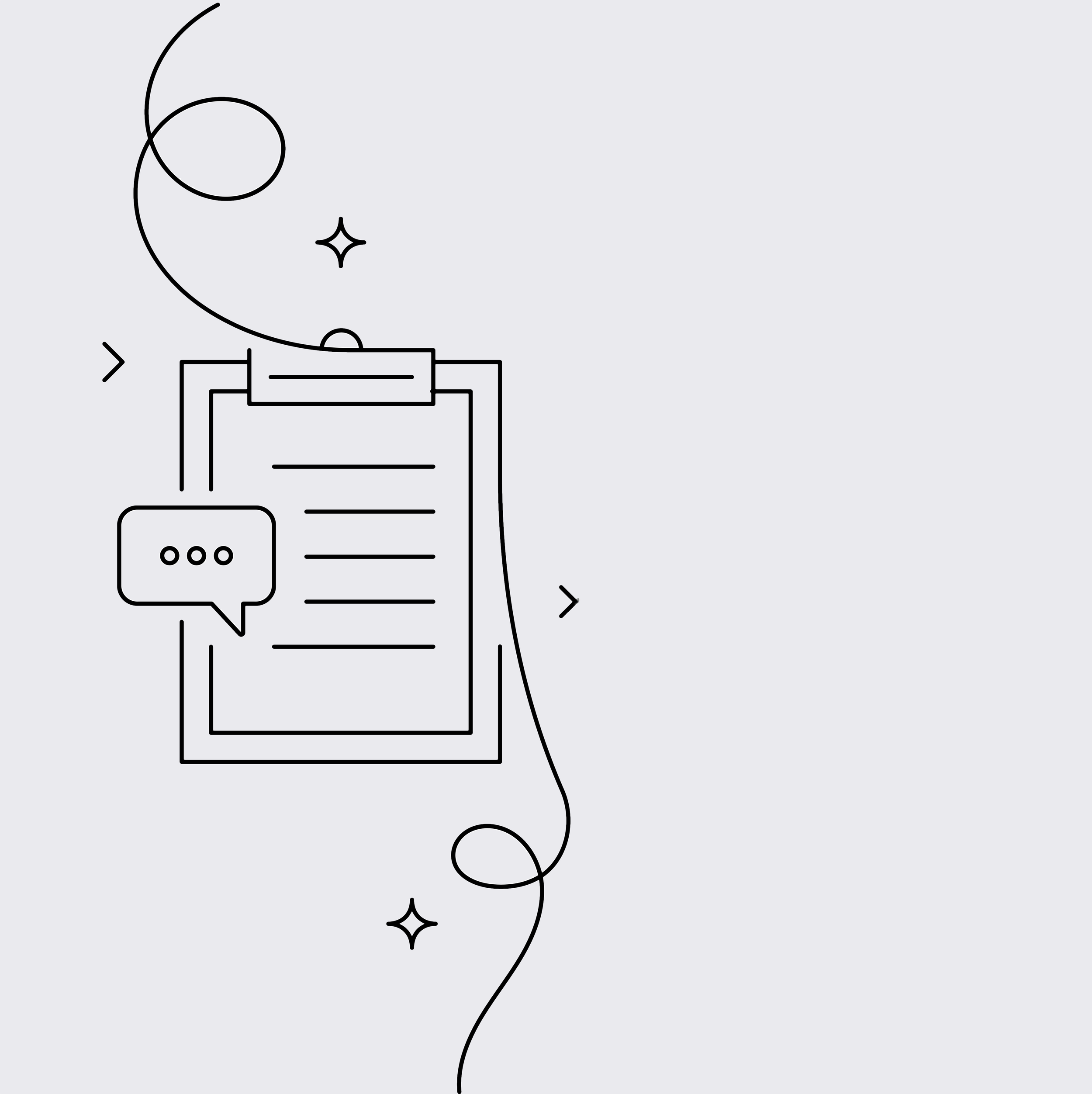 Line drawing of a smartphone with a speech bubble, surrounded by decorative stars, dots, and swirls on a light gray background.