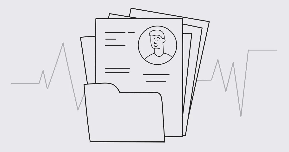 Outline of a folder with several documents inside, one displaying a male profile picture and text, set against a light background with a faint ECG heart rate line.