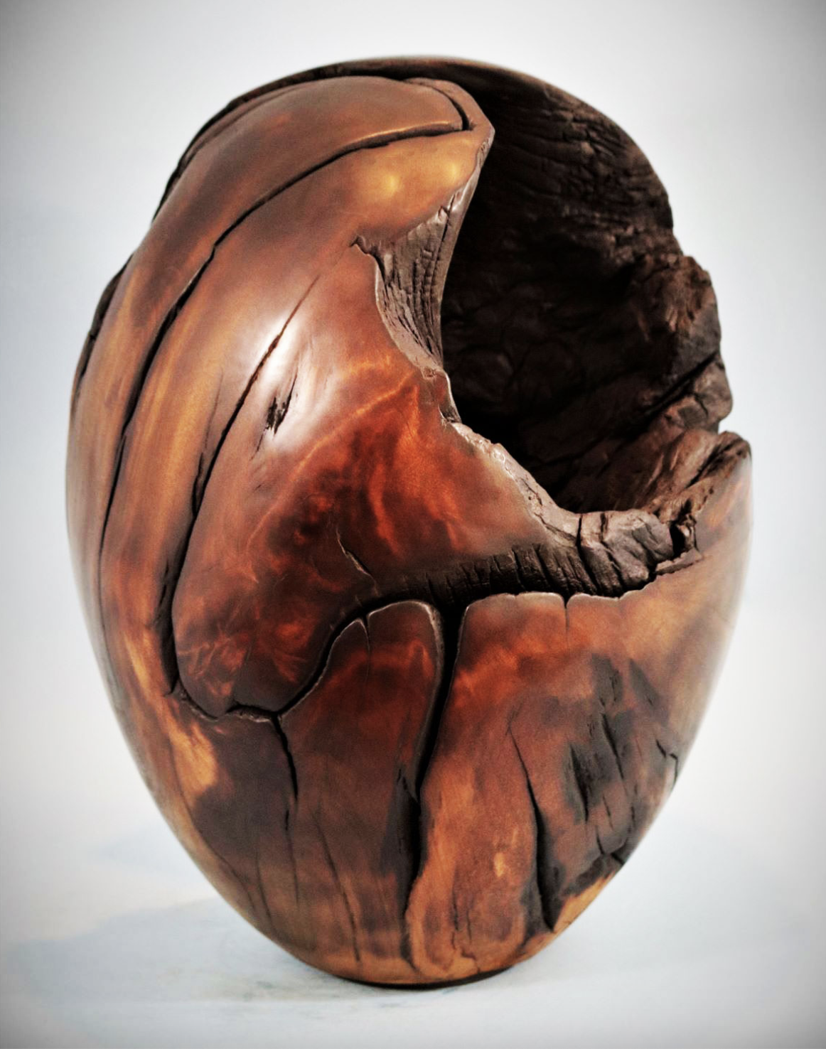 A wooden sculpture resembling a human head with a large, hollow opening, carved from dark and reddish-brown wood, showcasing intricate natural grain patterns and cracks.